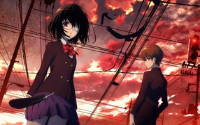 People under the red clouds in the anime Another