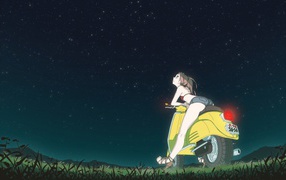 The girl looks up at the stars in the anime 49 days