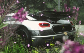 Rear view of the sports car in flowers