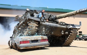 The tank moved through the car