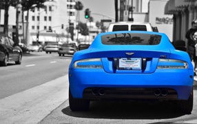 Rear view of the blue Aston Martin