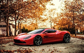 Red Aston Martin on a background of autumn trees