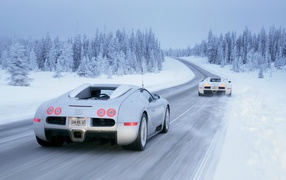 White Bugatti Veyron 16.4 Grand Sport on winter road