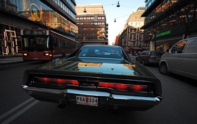 Car Dodge Charger RT 1969 on a city street