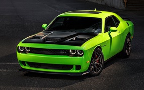 Green Dodge Challenger with a black hood