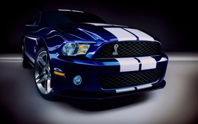 Blue Mustang painted with white stripes