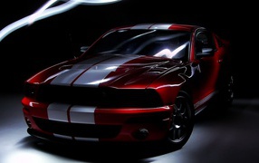 Red Mustang painted with white stripes