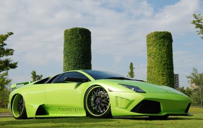 Green Lamborghini in green towers