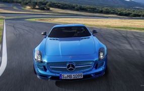 Blue Mercedes SLS on the racetrack