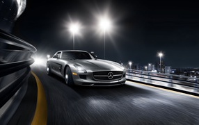 Silver Mercedes sports cornering