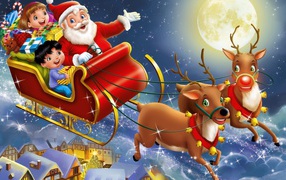 Санта клаус с детьми на оленях