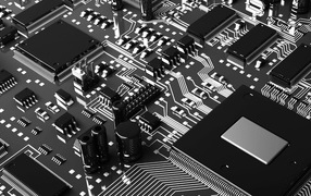 Black and white photo of a computer chip