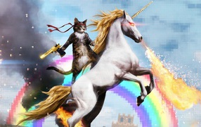 Cat with gun mounted on a unicorn