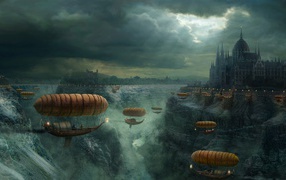 Flying airships over shoaled river