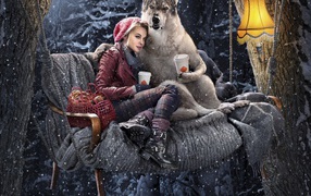 Wolf drinking coffee with Little Red Riding Hood