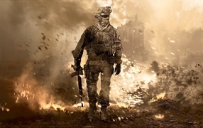 Солдат на фоне руин, игра Call of Duty Modern Warfare 2
