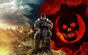 Warrior on the background of the flag in the game Gears of War