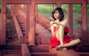 Asian brunette in a red dress