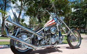 Harley Davidson motorcycle with a flag on the tank