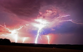 Powerful lightning in the pink clouds