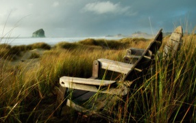 Wooden chairs on the coast