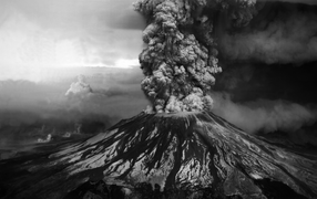 Black and white photo of a volcanic eruption