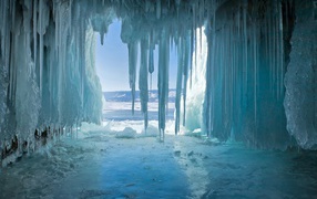 Accumulation of ice in a cave by the sea