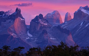 Pink clouds at sunset in the Torres del Paine National Park, Chile