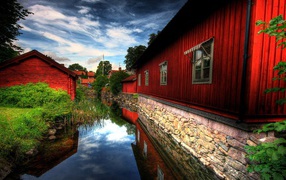 Красные домики у реки, Швеция