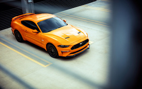 Orange fast car Ford Mustang, 2018 top view