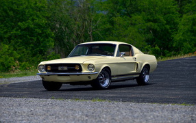 Yellow car Ford Mustang on the track