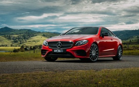 Red car Mercedes-Benz E-Class on a background of nature