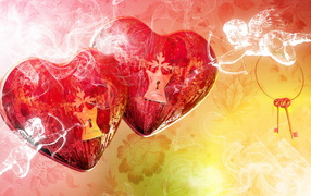 Два больших красных сердца с замочными скважинами и купидонами