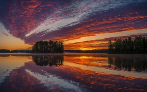 Beautiful orange sky at sunset reflected in water