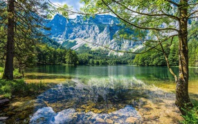 Crystal clear water in the lake against the backdrop of the mountains