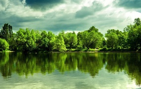 Green trees are reflected in the lake's surface