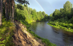Rainbow over a river in a green forest 