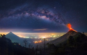 The eruption of a volcano in Guatemala in the background of the Milky Way