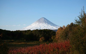 View of the snow-capped summit of Klyuchevskaya volcano volcano