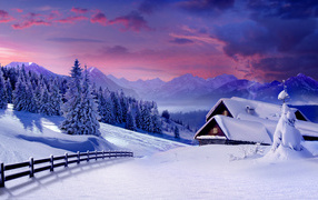Pink sunset in the winter mountains