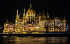 Beautiful building of the Hungarian Parliament by the river at night, Budapest. Hungary