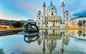 Fountain near the Catholic Church of Karlskirche, Vienna. Austria