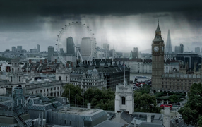 Rain over the city of London, UK