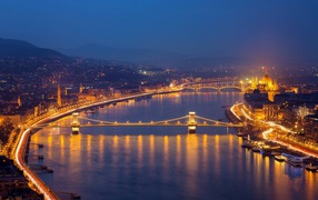 View of the Budapest night city and the Danube river, Hungary