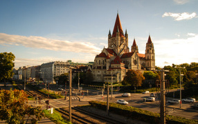 Вид на город и церковь Франциска Ассизского, Вена. Австрия 