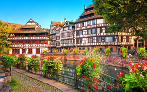 Beautiful houses by the river in Strasbourg, France