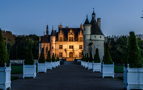 View of the evening castle of Chenonceau, France