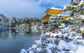 Snow-covered trees and an icy pond near the Kinkakuji temple in winter, Japan