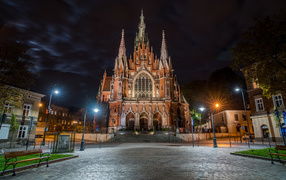 Church of St. Joseph's Church in the light of the night lights, Krakow. Poland