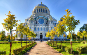 Naval Cathedral of St. Nicholas against the blue sky, Kronstadt. Saint Petersburg. Russia